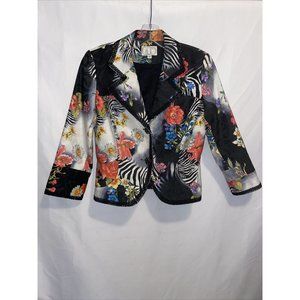 Alberto Makali Jacket Size 4 Floral Print Lace Around Outline Lapels Arms Body